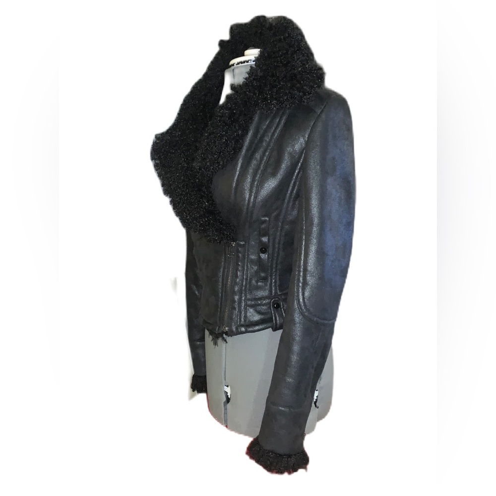 XXI Women’s Black Faux Suede Leather Moto Bomber Jacket w/ Faux Wool trim Size S - Picture 4 of 11